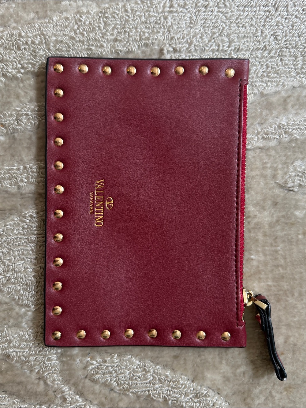 Valentino Burgundy Leather Studded Wristlet Clutch with Gold Hardware
